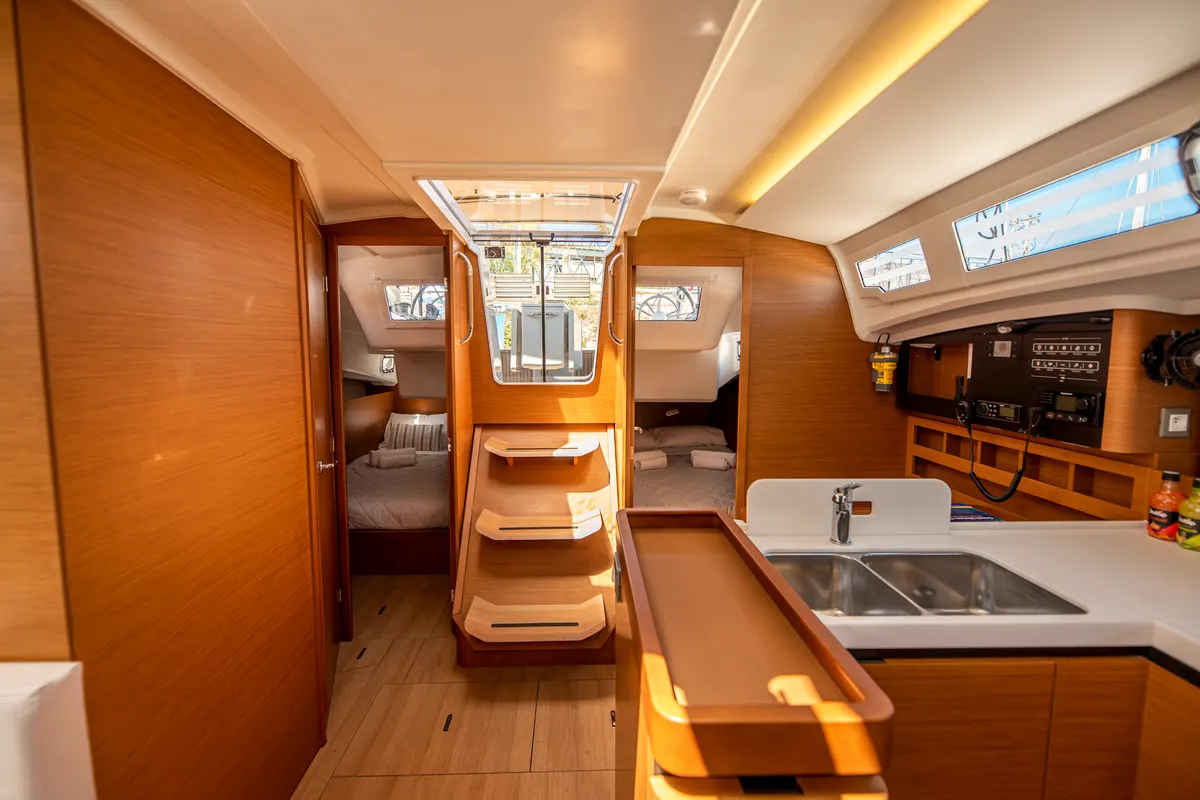 Galley of Garfish, a Jeanneau Sun Odyssey 410 sailboat at Municipal Unit of Lefkada, Greece