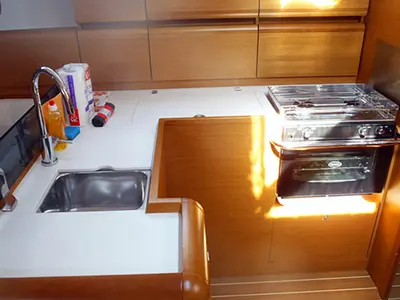 Galley of Karma, a Jeanneau Sun Odyssey 439 sailboat at Gåshaga, Sweden