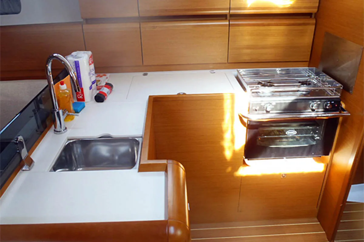 Galley of Karma, a Jeanneau Sun Odyssey 439 sailboat at Gåshaga, Sweden