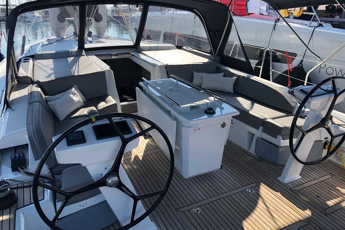 Cockpit of WHISPER, a Beneteau Oceanis 46.1 sailboat at Athens, Greece