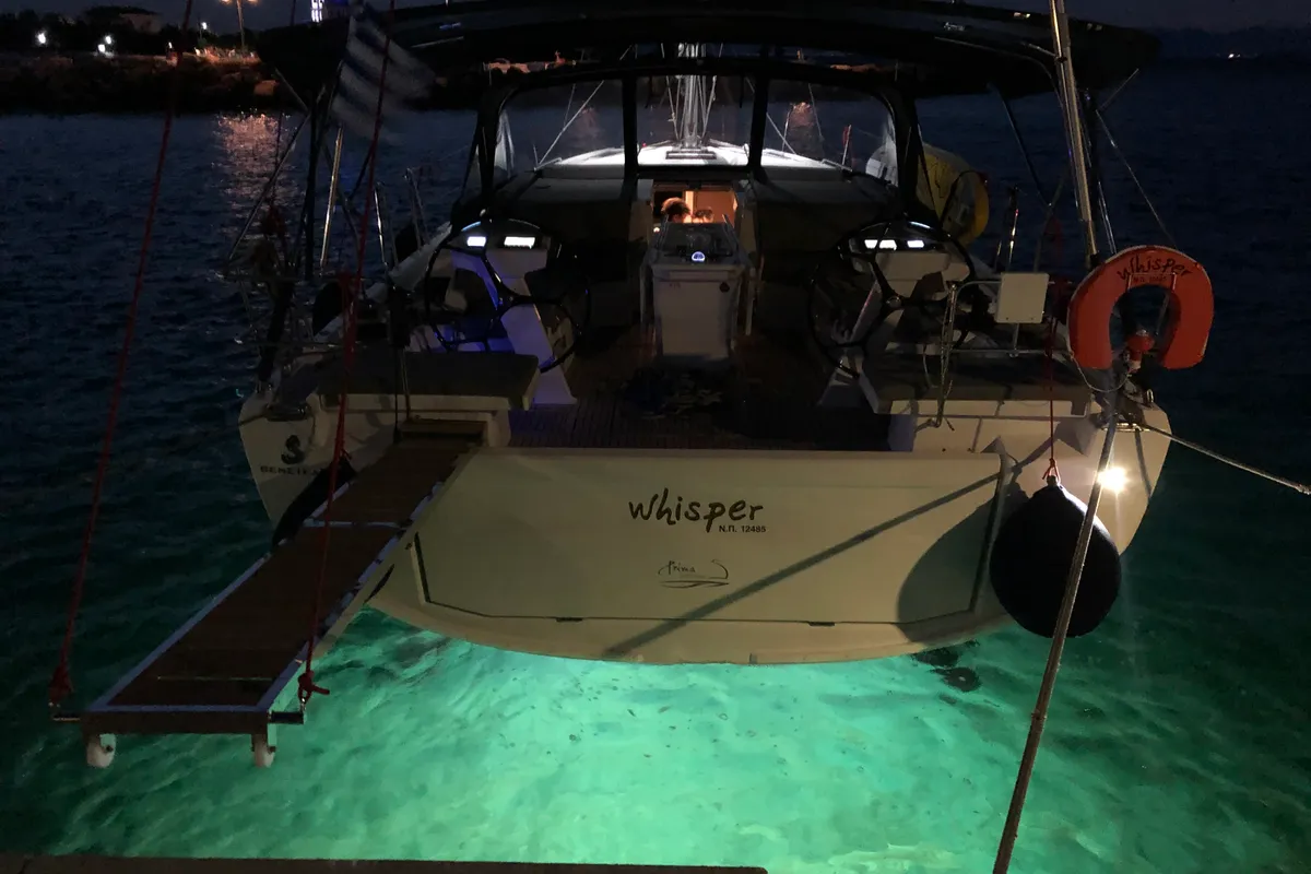 Exterior view of WHISPER, a Beneteau Oceanis 46.1 sailboat at Athens, Greece