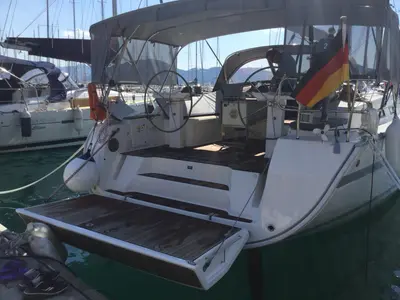 Cockpit of Jemi, a Bavaria Cruiser 50 sailboat at Municipal Unit of Rhodes, Greece