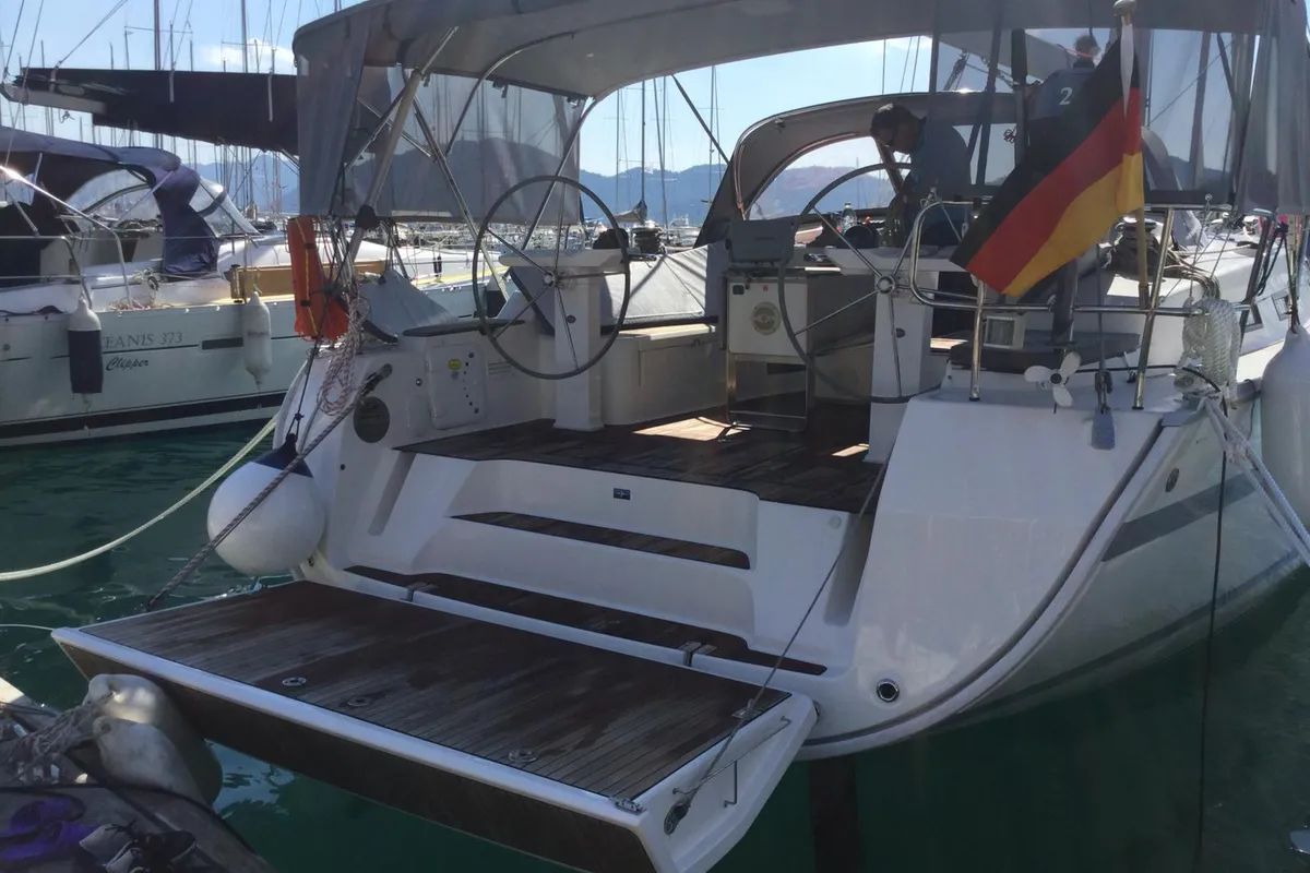 Cockpit of Jemi, a Bavaria Cruiser 50 sailboat at Municipal Unit of Rhodes, Greece