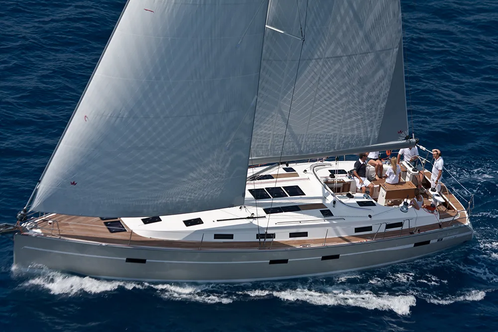 Exterior view of Jemi, a Bavaria Cruiser 50 sailboat at Municipal Unit of Rhodes, Greece