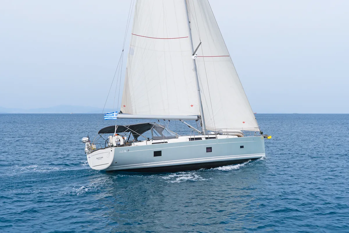 Exterior view of Meraki Of London, a Hanse 458 sailboat at Kos, Greece