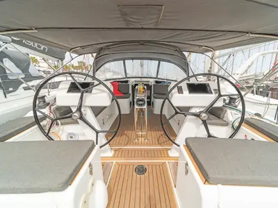 Cockpit of Meraki Of London, a Hanse 458 sailboat at Kos, Greece