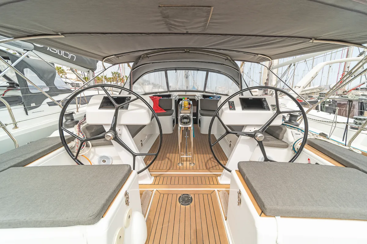 Cockpit of Meraki Of London, a Hanse 458 sailboat at Kos, Greece