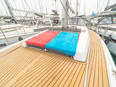 Deck of Meraki Of London, a Hanse 458 sailboat at Kos, Greece