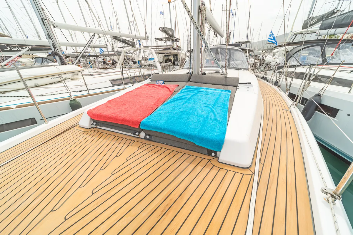 Deck of Meraki Of London, a Hanse 458 sailboat at Kos, Greece
