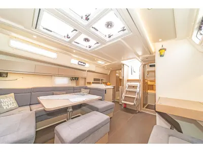 Salon of Meraki Of London, a Hanse 458 sailboat at Kos, Greece