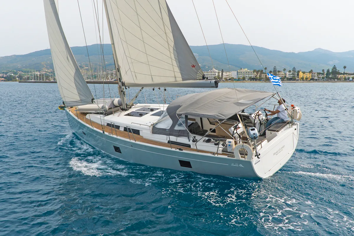 Exterior view of Meraki Of London, a Hanse 458 sailboat at Kos, Greece