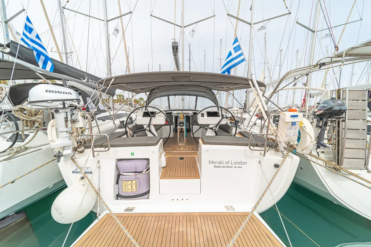 Deck of Meraki Of London, a Hanse 458 sailboat at Kos, Greece