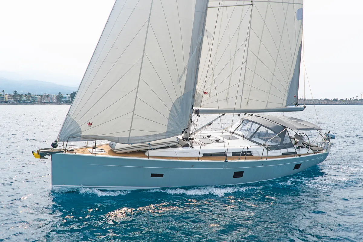 Exterior view of Meraki Of London, a Hanse 458 sailboat at Kos, Greece