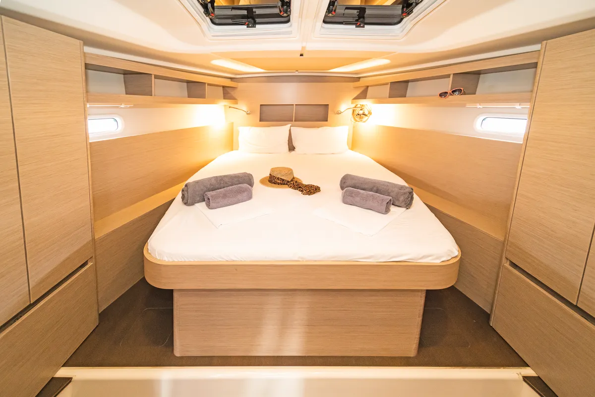 Cabin on Meraki Of London, a Hanse 458 sailboat at Kos, Greece