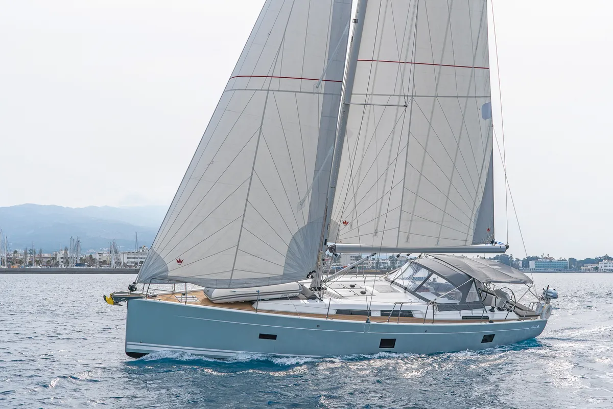Exterior view of Meraki Of London, a Hanse 458 sailboat at Kos, Greece