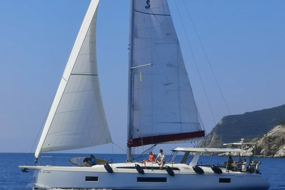 Exterior view of Ef Zin, a Beneteau Oceanis 51.1 sailboat at Skopelos, Greece