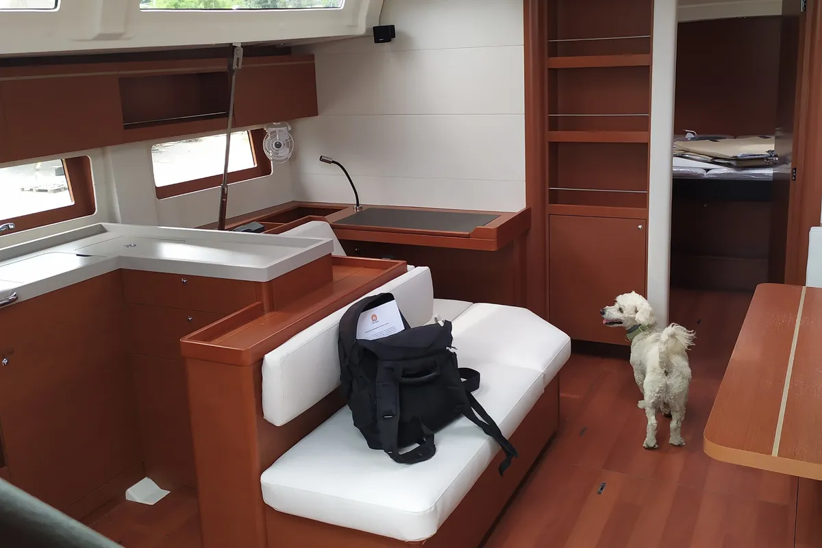 Salon of Ef Zin, a Beneteau Oceanis 51.1 sailboat at Skopelos, Greece