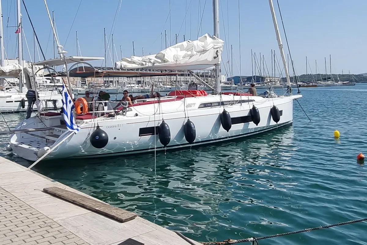 Exterior view of Ef Zin, a Beneteau Oceanis 51.1 sailboat at Skopelos, Greece