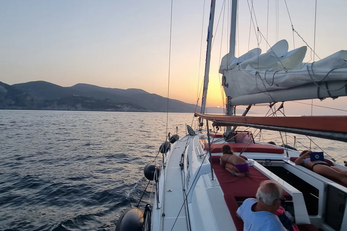 Deck of Ef Zin, a Beneteau Oceanis 51.1 sailboat at Skopelos, Greece