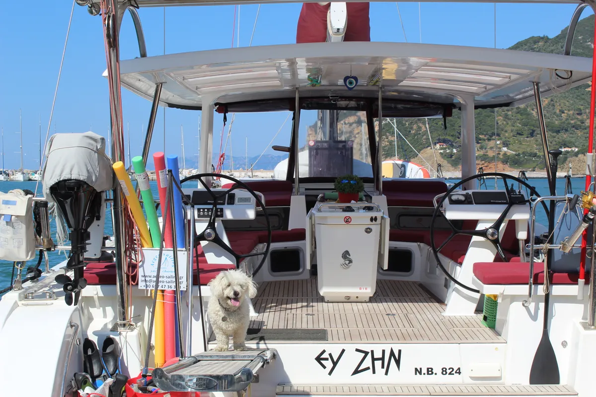 Cockpit of Ef Zin, a Beneteau Oceanis 51.1 sailboat at Skopelos, Greece