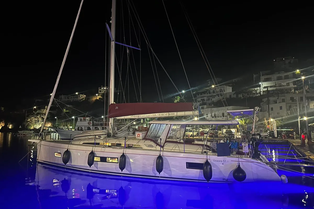 Exterior view of Ef Zin, a Beneteau Oceanis 51.1 sailboat at Skopelos, Greece