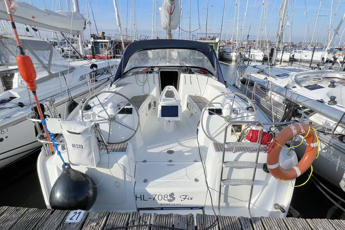 Cockpit of Fix, a Beneteau Cyclades 43.4 sailboat at Heiligenhafen, Germany