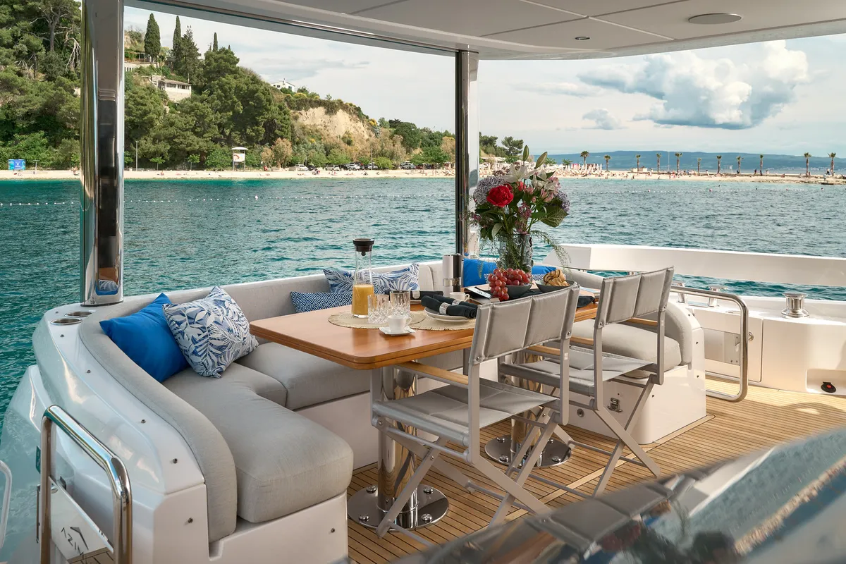 Deck of Viva, a Azimut 78 Fly motor yacht at Podstrana - Miljevac, Croatia
