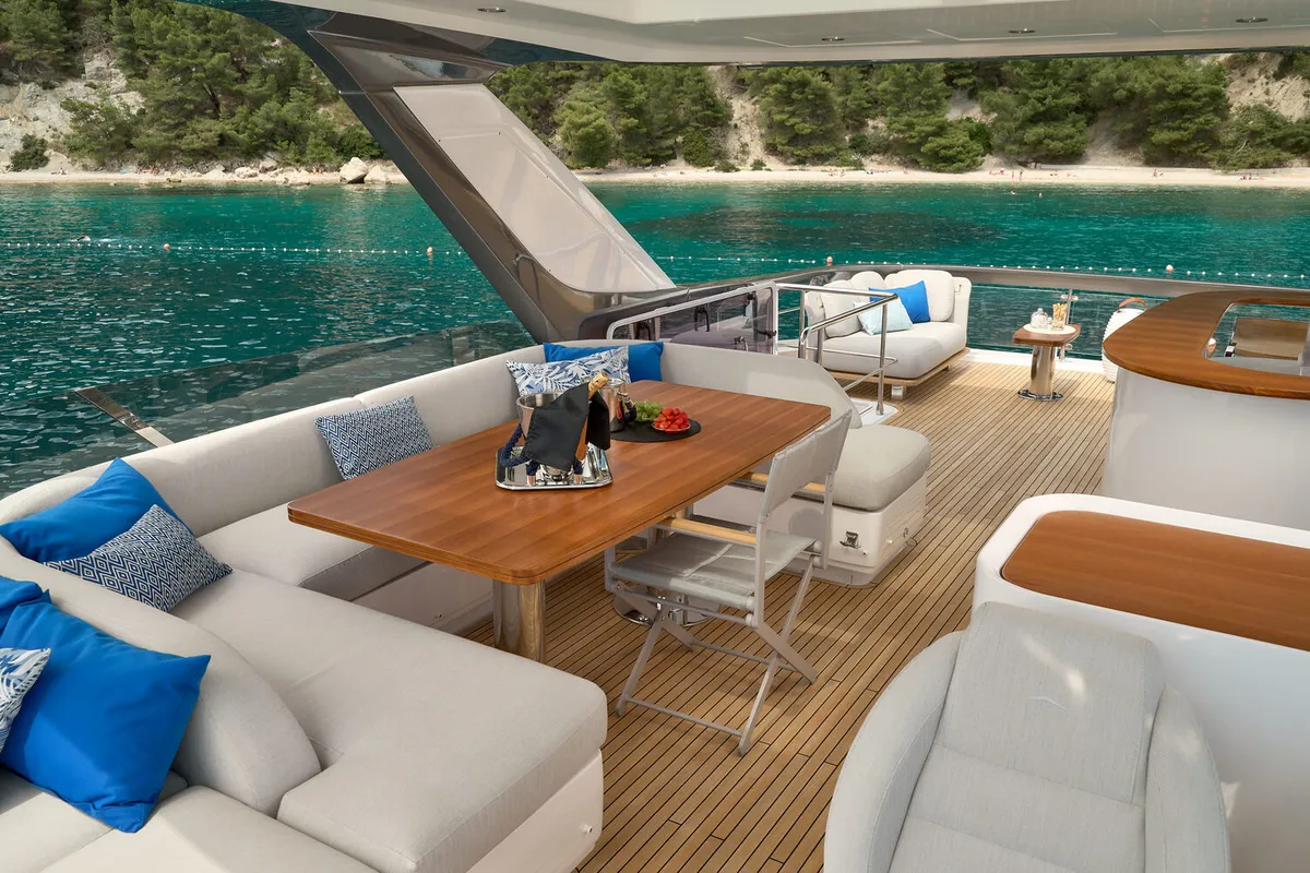Deck of Viva, a Azimut 78 Fly motor yacht at Podstrana - Miljevac, Croatia