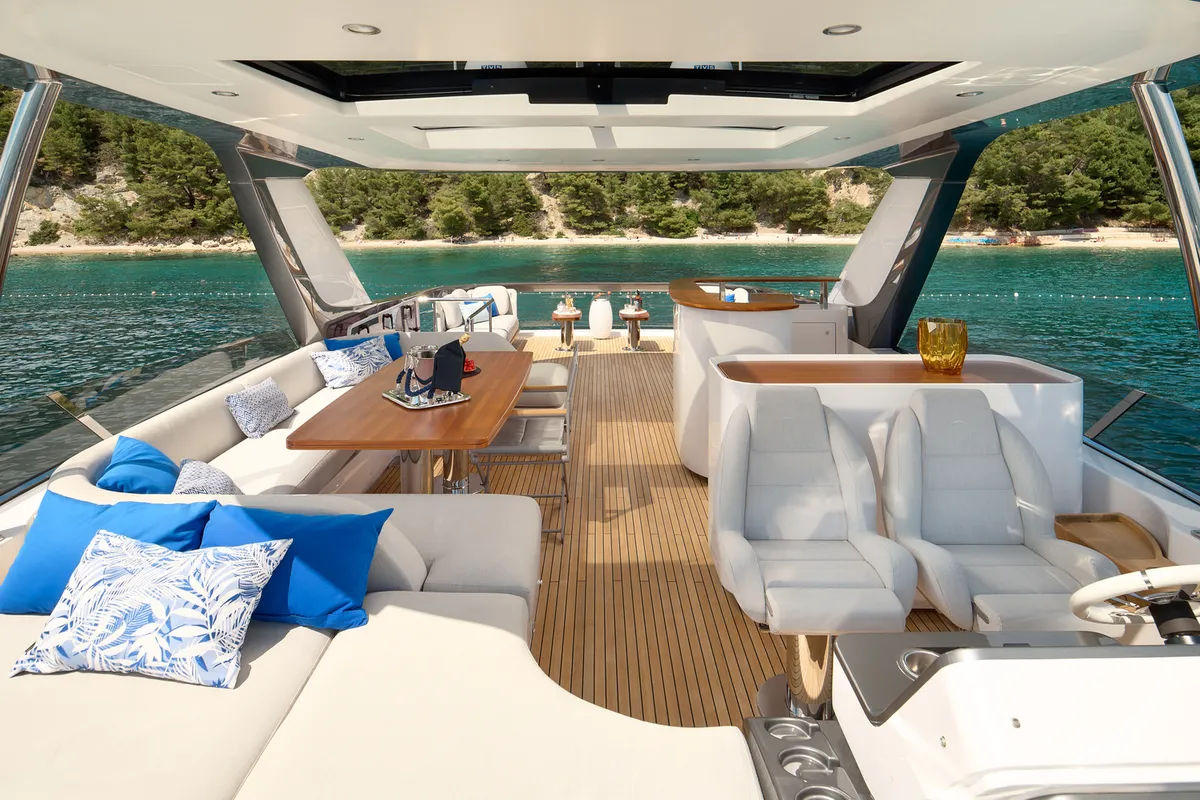Deck of Viva, a Azimut 78 Fly motor yacht at Podstrana - Miljevac, Croatia