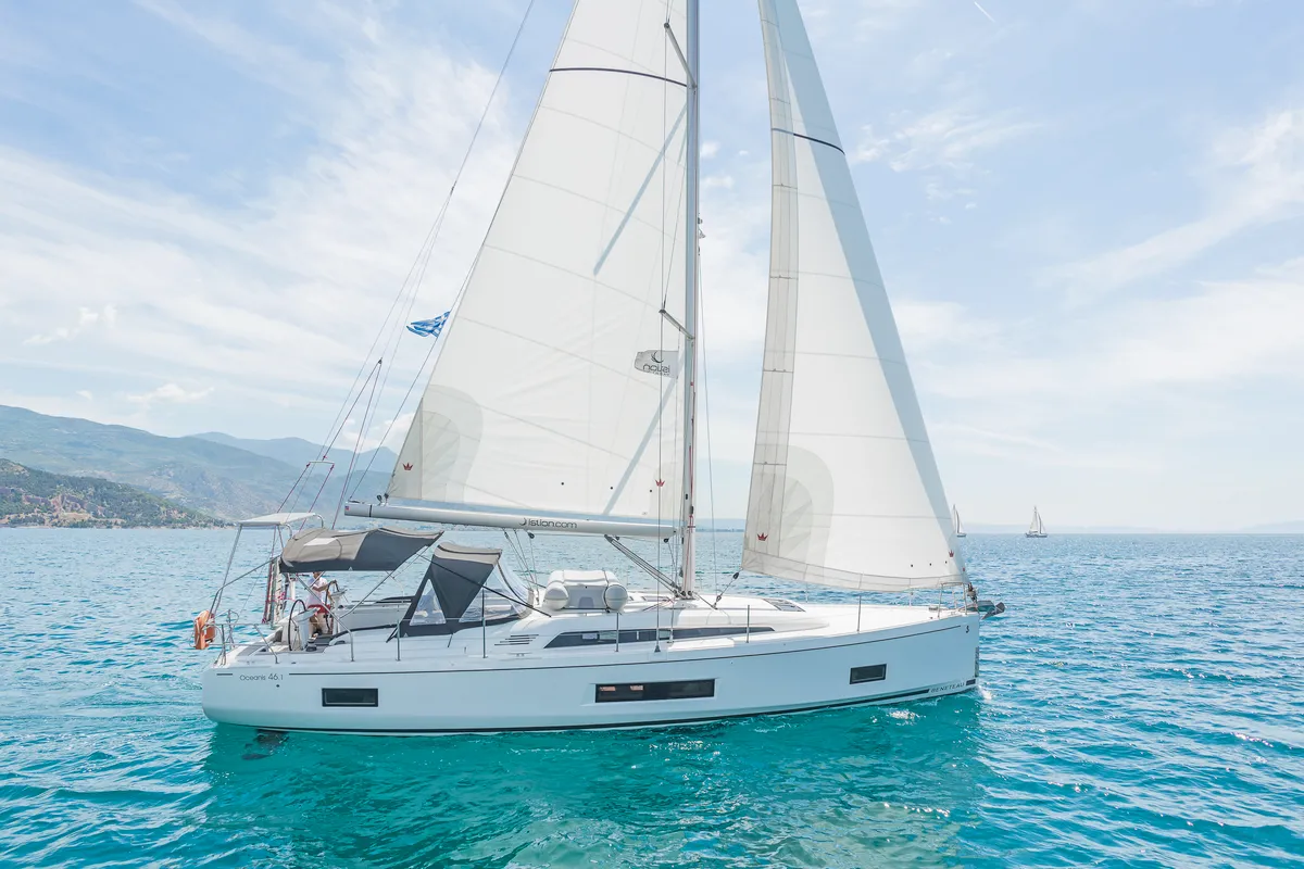 Exterior view of Paradisea, a Beneteau Oceanis 46.1 sailboat at Kontokali, Greece