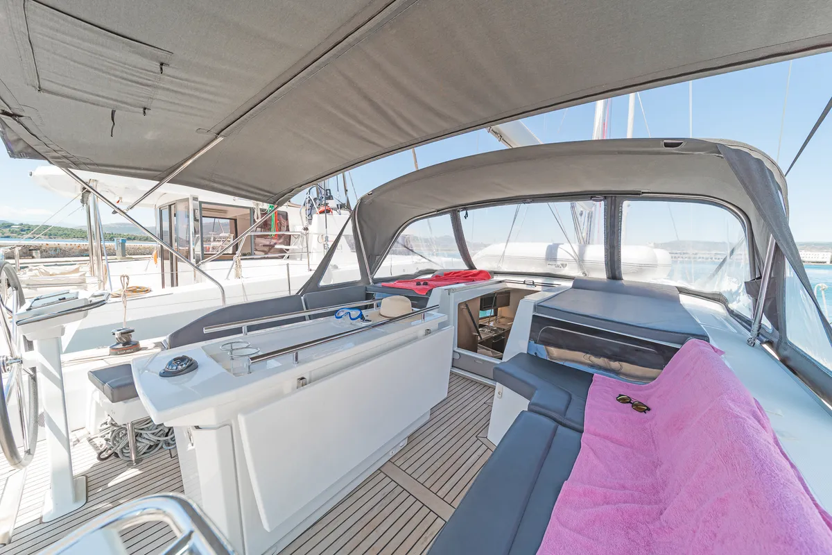 Deck of Paradisea, a Beneteau Oceanis 46.1 sailboat at Kontokali, Greece