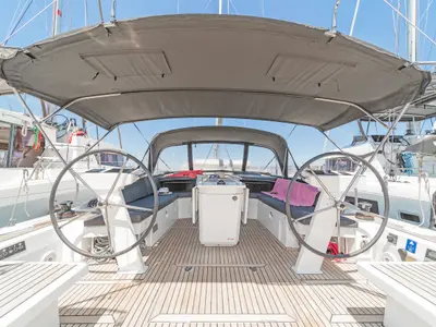 Cockpit of Paradisea, a Beneteau Oceanis 46.1 sailboat at Kontokali, Greece