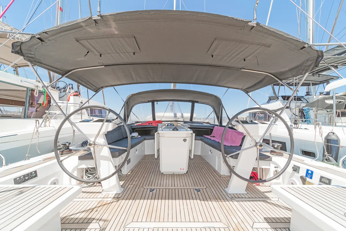 Cockpit of Paradisea, a Beneteau Oceanis 46.1 sailboat at Kontokali, Greece