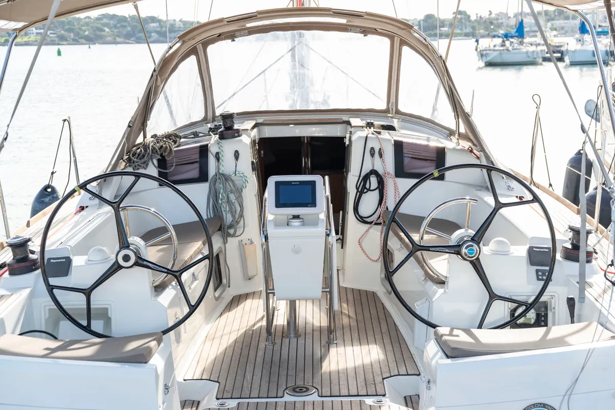 Cockpit of BarElli, a Jeanneau Sun Odyssey 389 sailboat at Palma de Mallorca, Spain