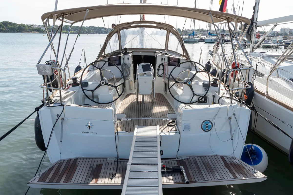 Cockpit of BarElli, a Jeanneau Sun Odyssey 389 sailboat at Palma de Mallorca, Spain