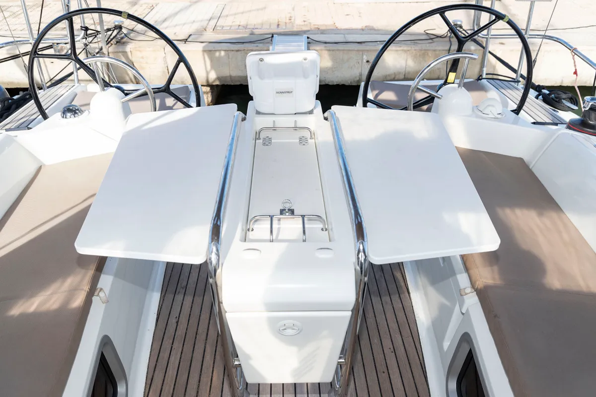 Cockpit of BarElli, a Jeanneau Sun Odyssey 389 sailboat at Palma de Mallorca, Spain