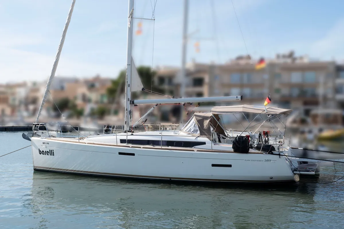 Exterior view of BarElli, a Jeanneau Sun Odyssey 389 sailboat at Palma de Mallorca, Spain