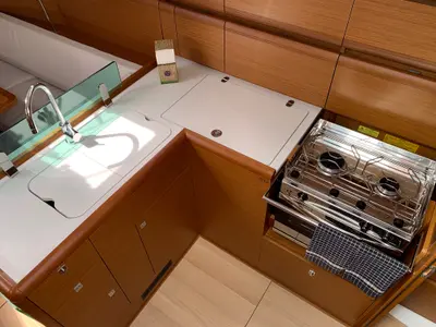 Galley of BarElli, a Jeanneau Sun Odyssey 389 sailboat at Palma de Mallorca, Spain