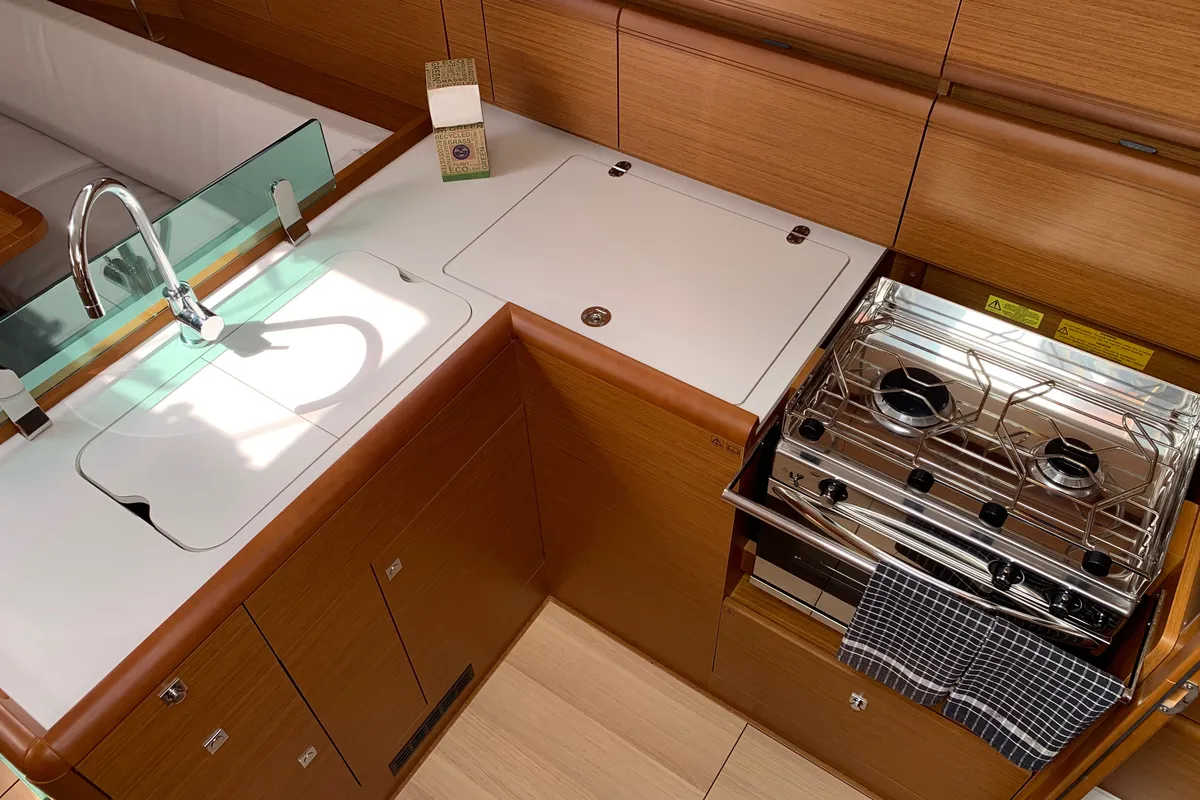 Galley of BarElli, a Jeanneau Sun Odyssey 389 sailboat at Palma de Mallorca, Spain