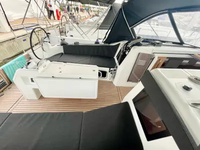 Deck of Colibri, a Jeanneau Sun Odyssey 410 sailboat at Salerno, Italy