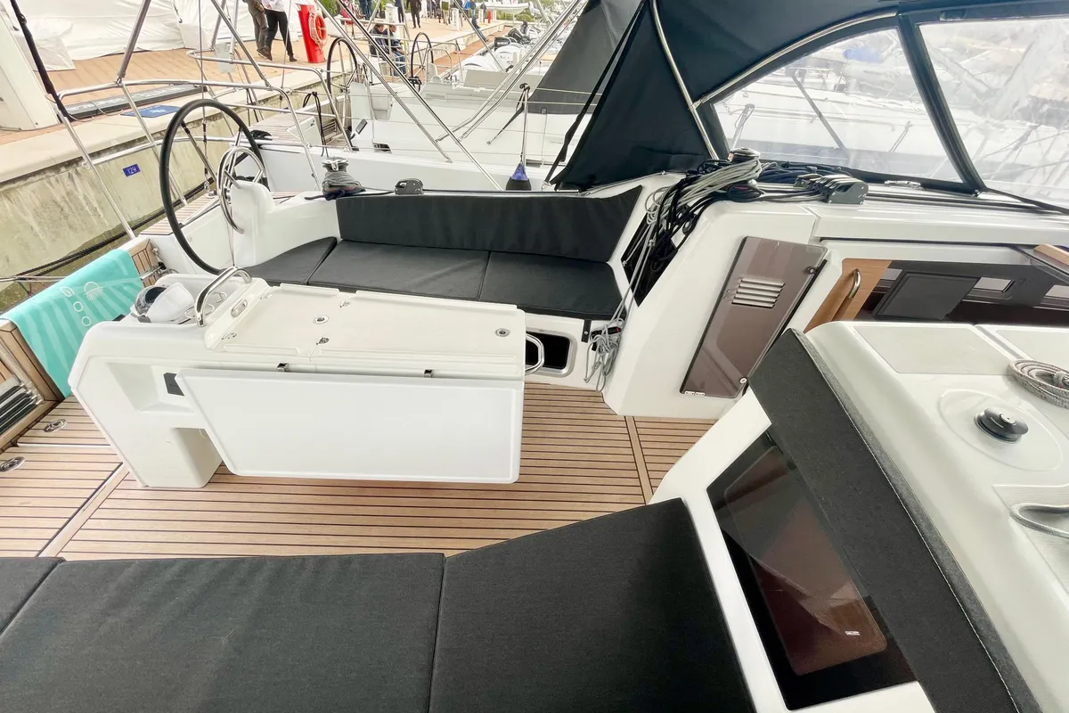 Deck of Colibri, a Jeanneau Sun Odyssey 410 sailboat at Salerno, Italy