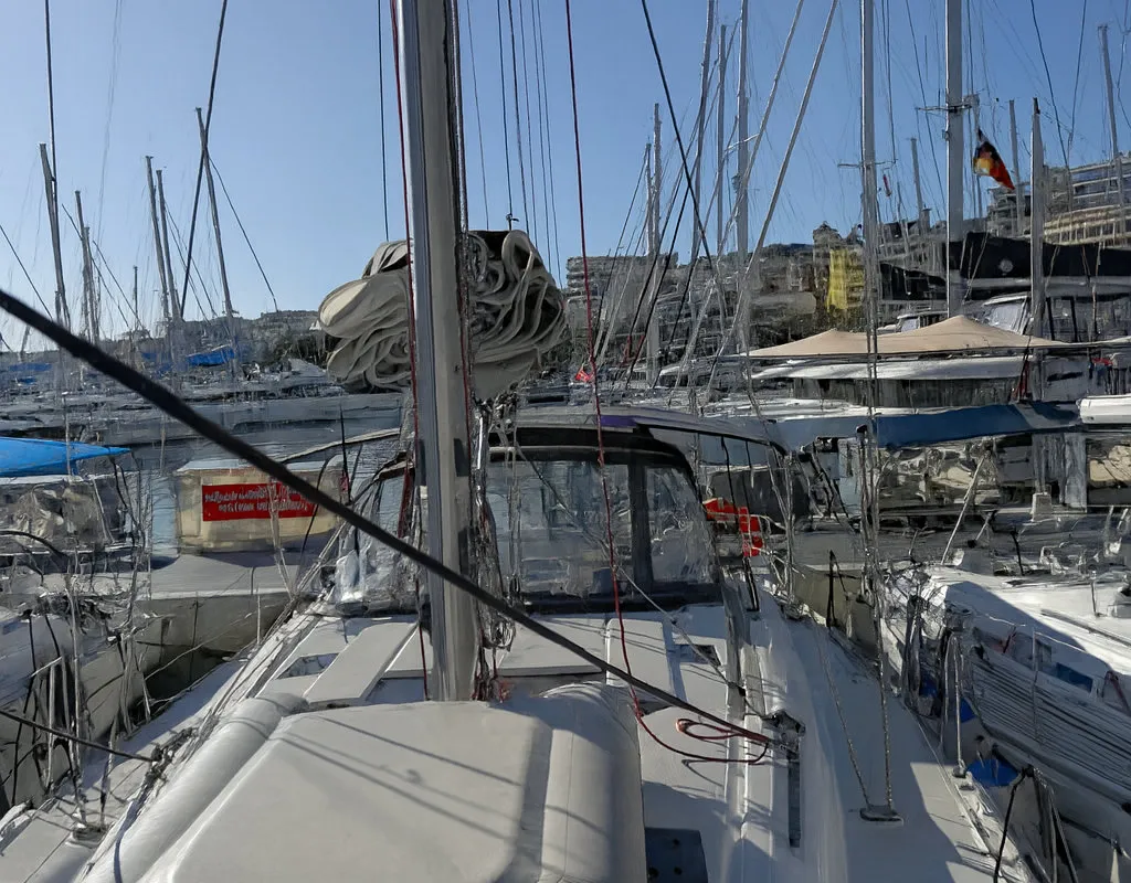 Deck of Santa Ponsa, a Jeanneau Sun Odyssey 469 sailboat at Palma de Mallorca, Spain