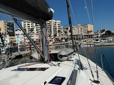Deck of Santa Ponsa, a Jeanneau Sun Odyssey 469 sailboat at Palma de Mallorca, Spain