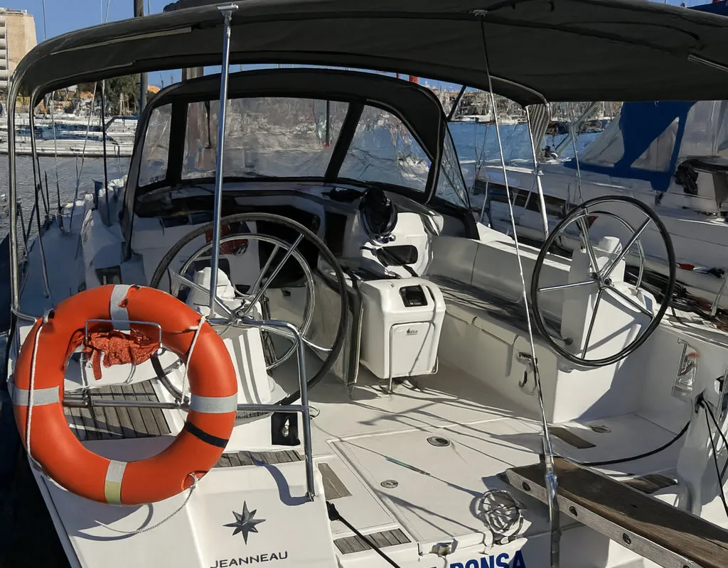 Cockpit of Santa Ponsa, a Jeanneau Sun Odyssey 469 sailboat at Palma de Mallorca, Spain