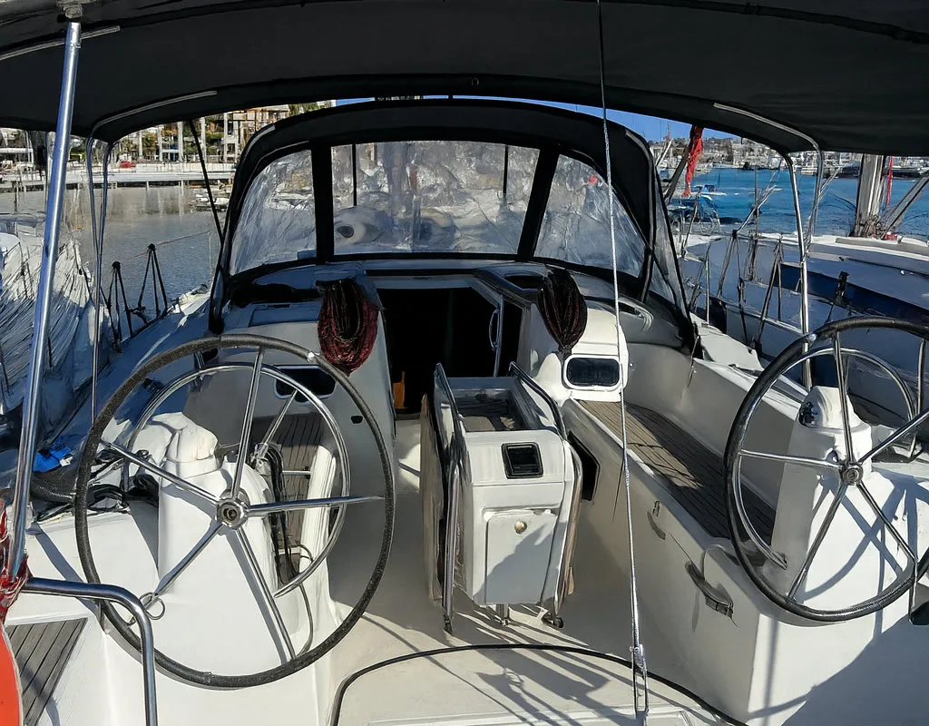 Cockpit of Santa Ponsa, a Jeanneau Sun Odyssey 469 sailboat at Palma de Mallorca, Spain
