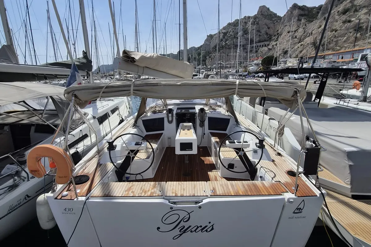 Cockpit of Pyxis, a Dufour 430 GL sailboat at Marseille, France