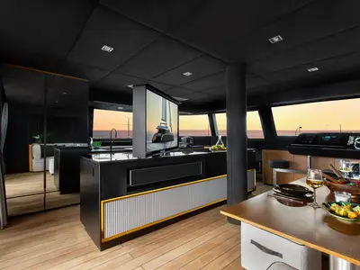 Salon of Calma, a Sunreef 60 catamaran at Ibiza, Spain