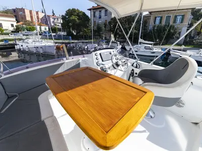 Cockpit of Blue Sky, a Beneteau Swift Trawler 34 Fly motorboat at Zadar, Croatia