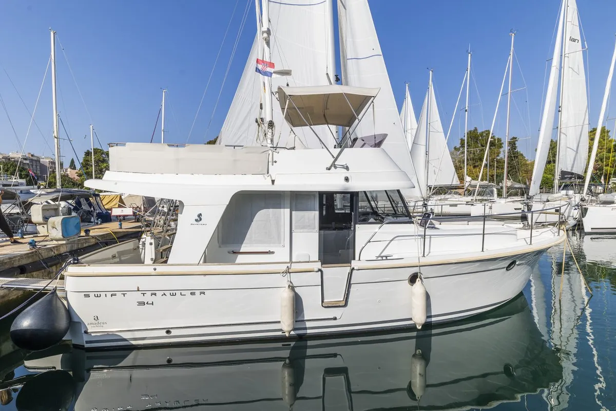 Exterior view of Blue Sky, a Beneteau Swift Trawler 34 Fly motorboat at Zadar, Croatia