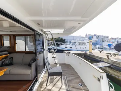 Deck of Blue Sky, a Beneteau Swift Trawler 34 Fly motorboat at Zadar, Croatia